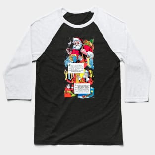 Retro Santa Claus handing out toys down the chimneys at Merry Christmas Vintage Comic Book Baseball T-Shirt